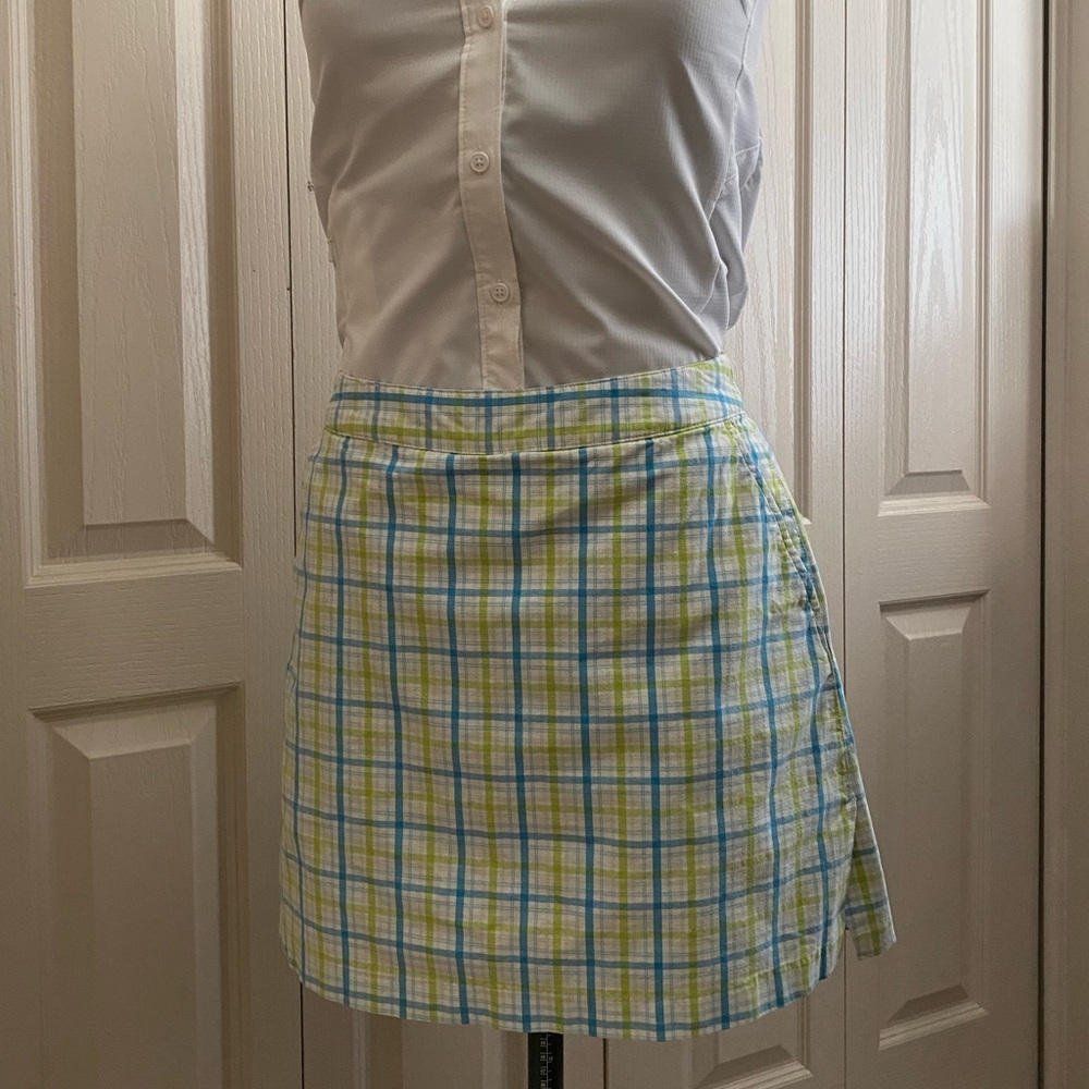 Adidas Golf Skort Stretch Blue/Green/white Checker Stripe, Pockets Women's Sz 8.